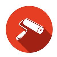 Roter Kreis mit Farbroller in der Mitte, der einen Schatten nach unten rechts wirft